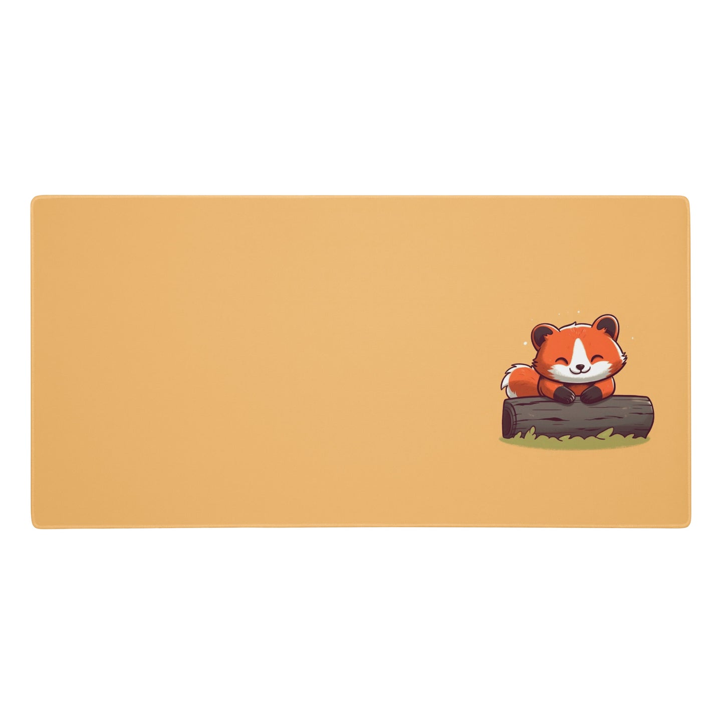 A gaming desk pad with a kawaii red panda smiling and leaning on a log. The background of the desk mat is orange.