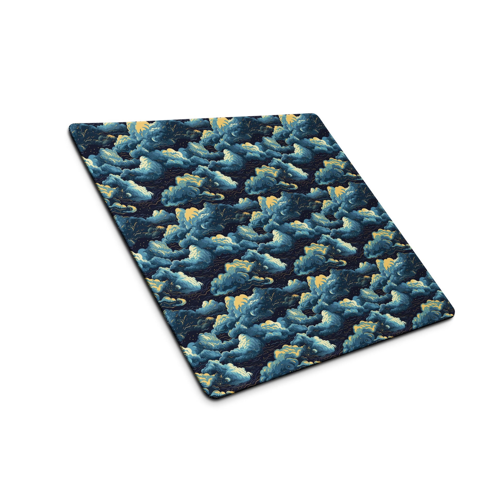 A 18" x 16" desk pad with a cloudy night sky pattern sitting at an angle.