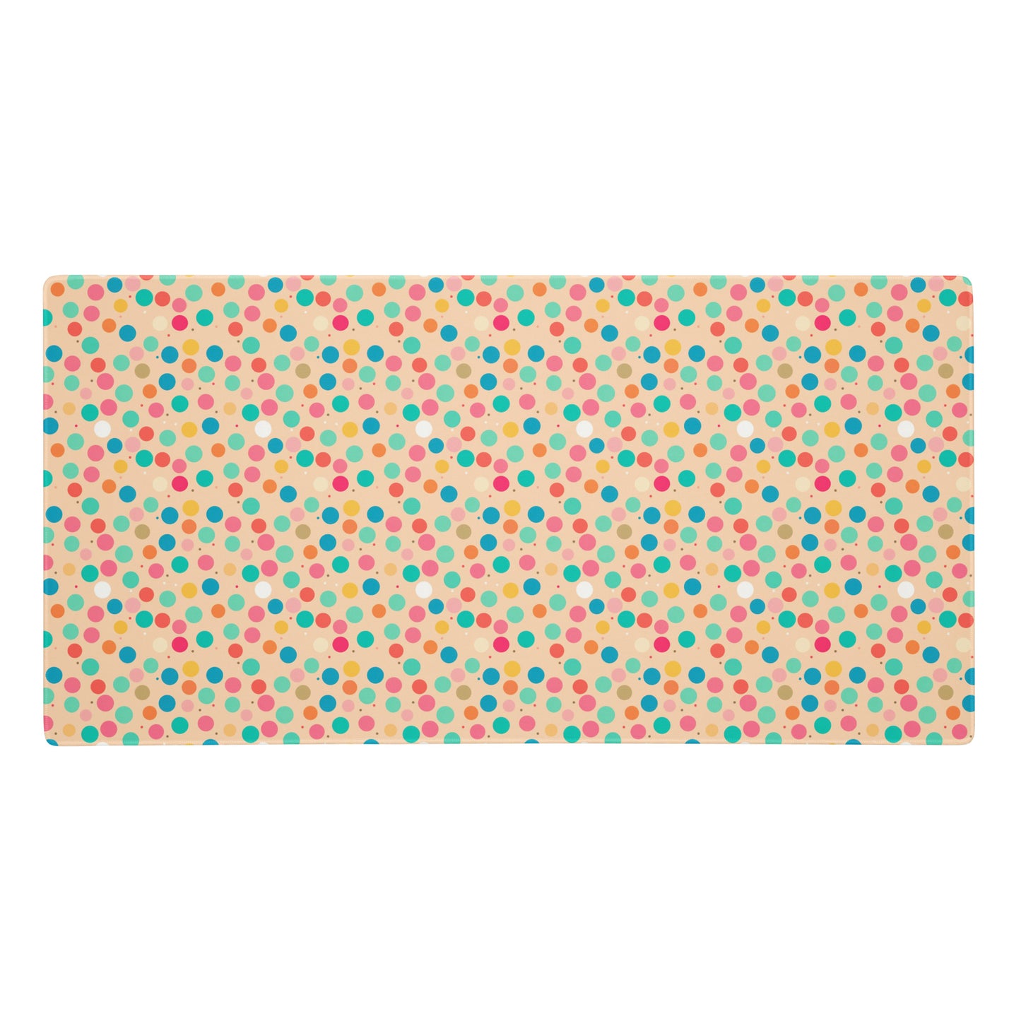 A 36" x 18" desk pad with a colorful polka dot pattern.