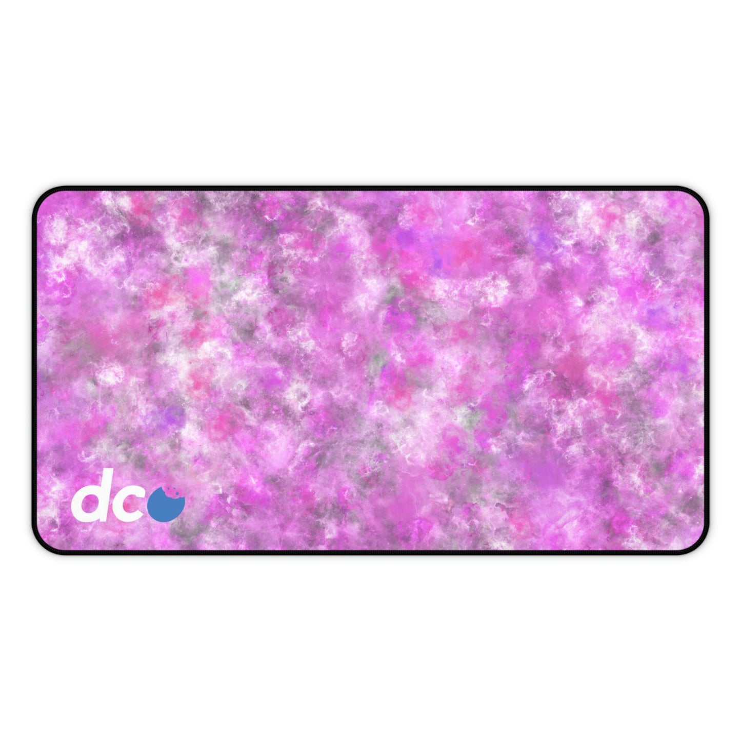 A 12" x 22" desk mat with a fluffy mix of pink, white, and gray.