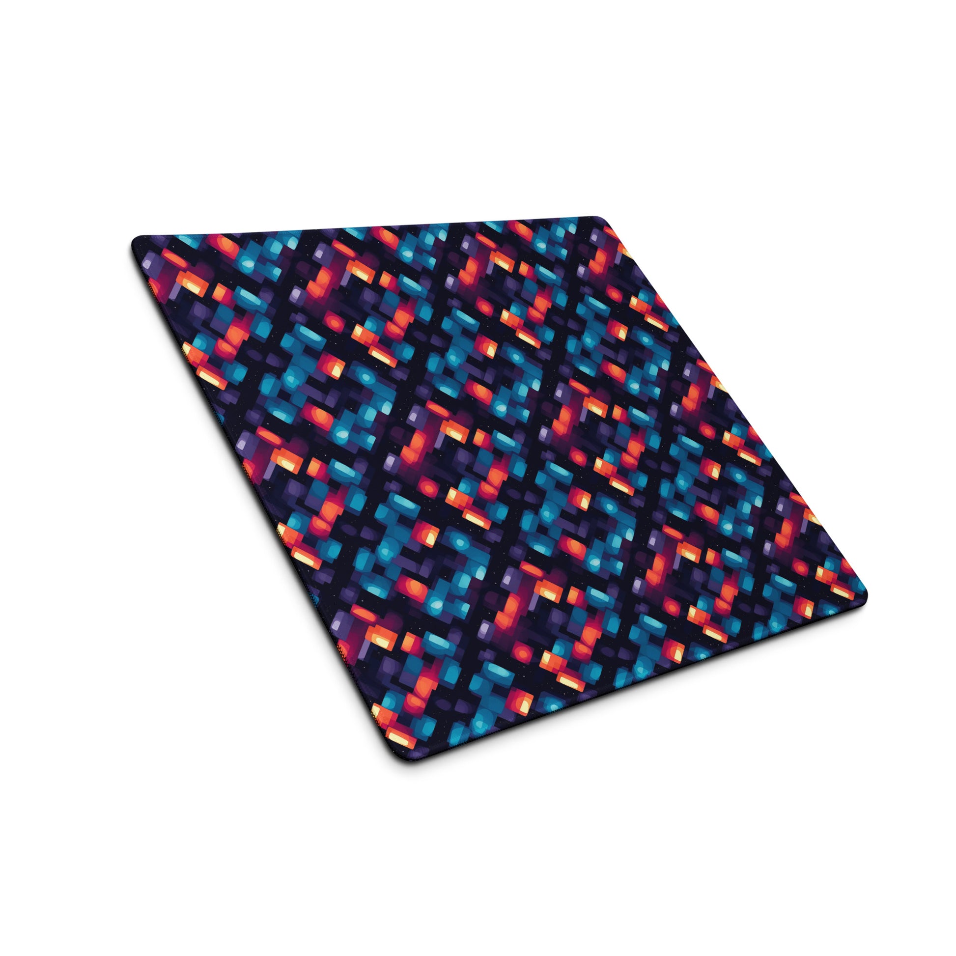 alt text- A 18" x 16" desk pad with blue and orange abstract pattern sitting at an angle.
