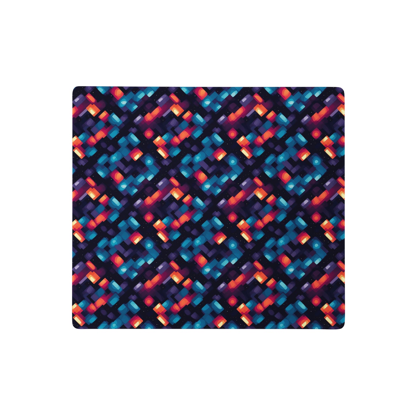 alt text- A 18" x 16" desk pad with blue and orange abstract pattern.