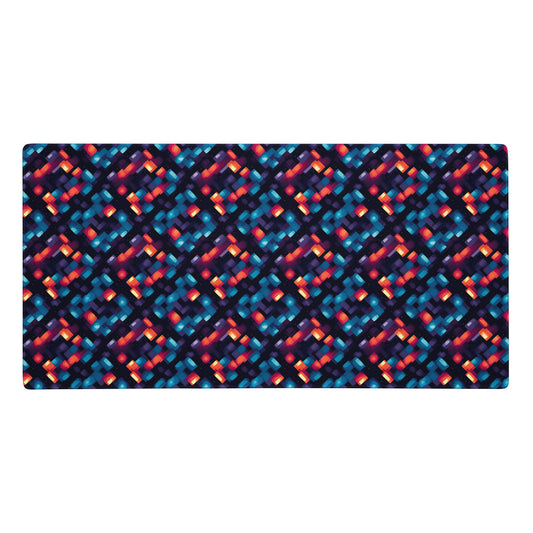 alt text- A 36" x 18" desk pad with blue and orange abstract pattern.