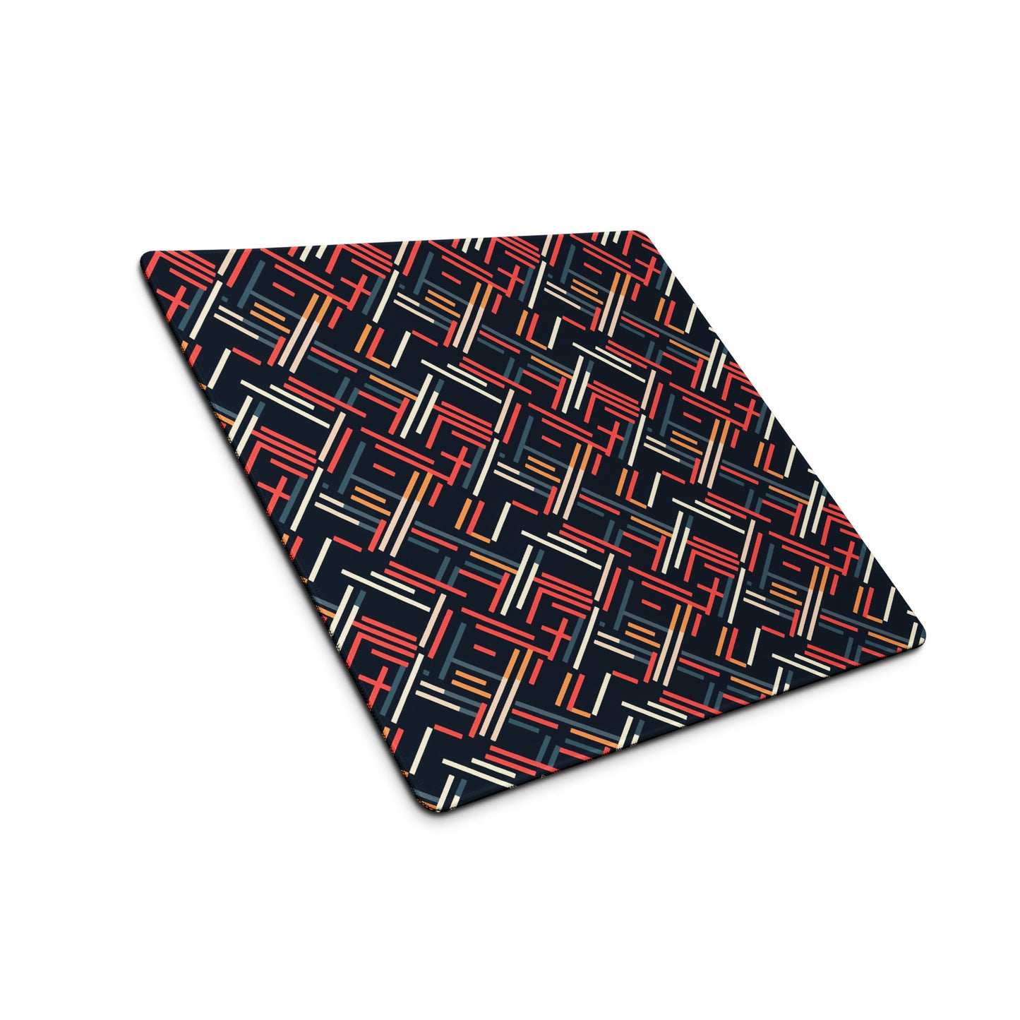 An 18" x 16" gaming desk pad with red, blue, white, and orange lines on a black background sitting at an angle.