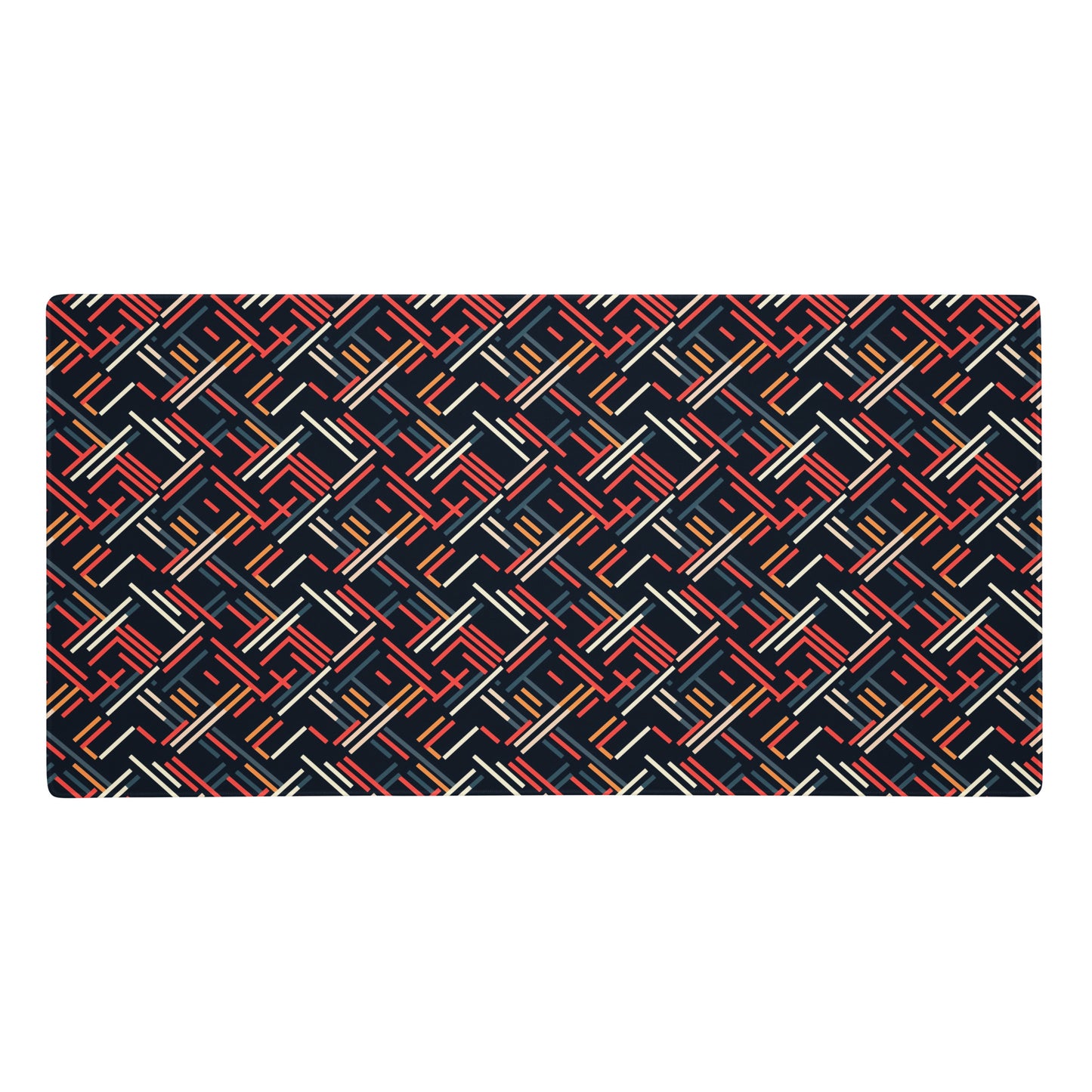 A 36" x 18" gaming desk pad with red, blue, white, and orange lines on a black background.