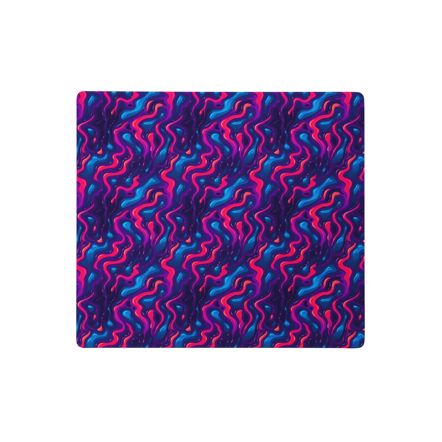 A 18" x 16" desk pad with a pink, blue and purple wavy pattern.