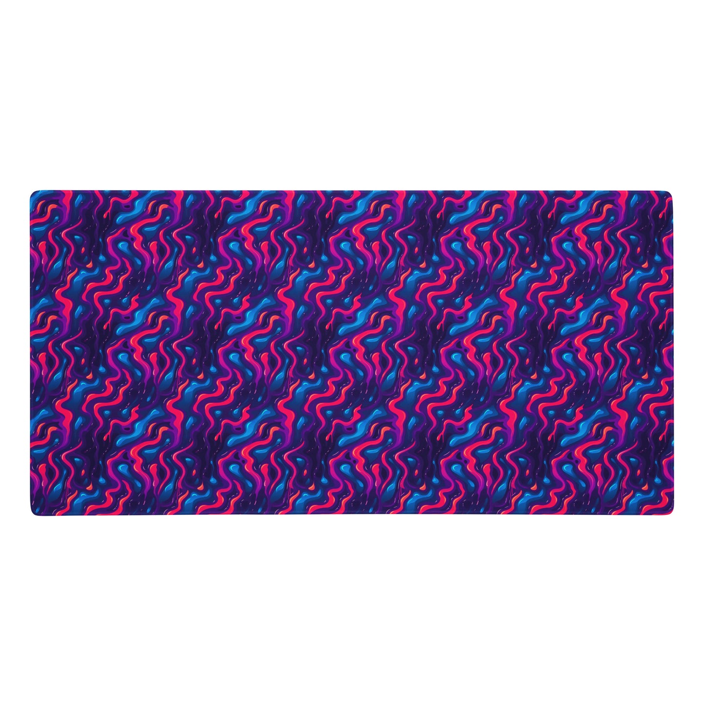 A 36" x 18" desk pad with a pink, blue and purple wavy pattern.