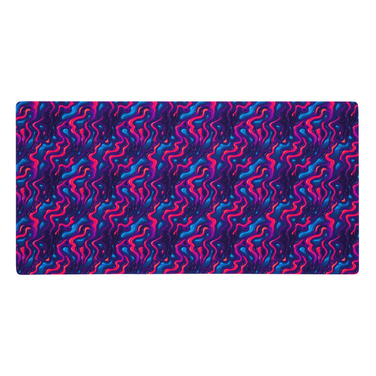 A 36" x 18" desk pad with a pink, blue and purple wavy pattern.