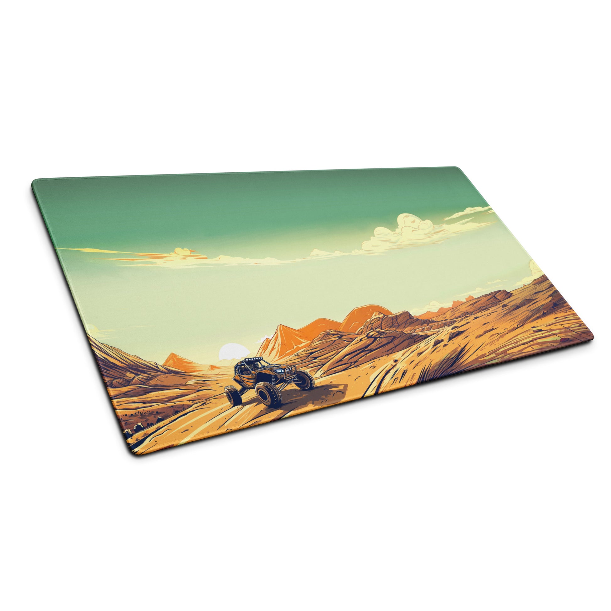 A 36" x 18" desk pad with a dune buggy in a desert landscape sitting at an angle.