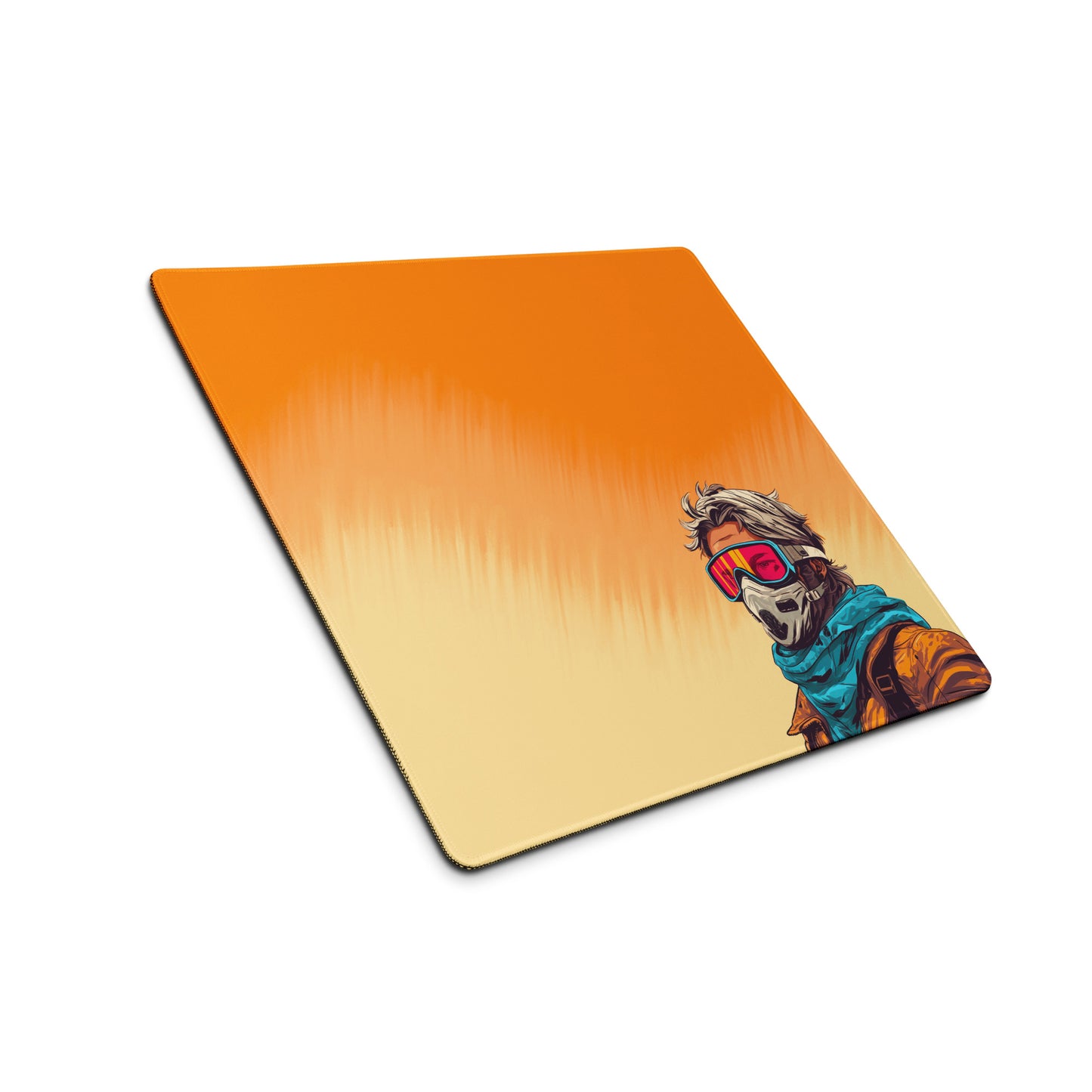 A 18" x 16" desk pad with a man standing in a sandstorm sitting at an angle.