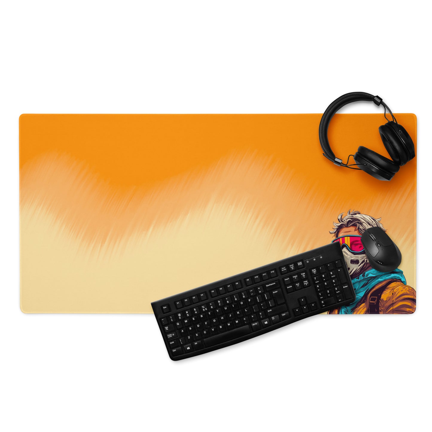 A 36" x 18" desk pad with a man standing in a sandstorm. With a keyboard, mouse, and headphones sitting on it.