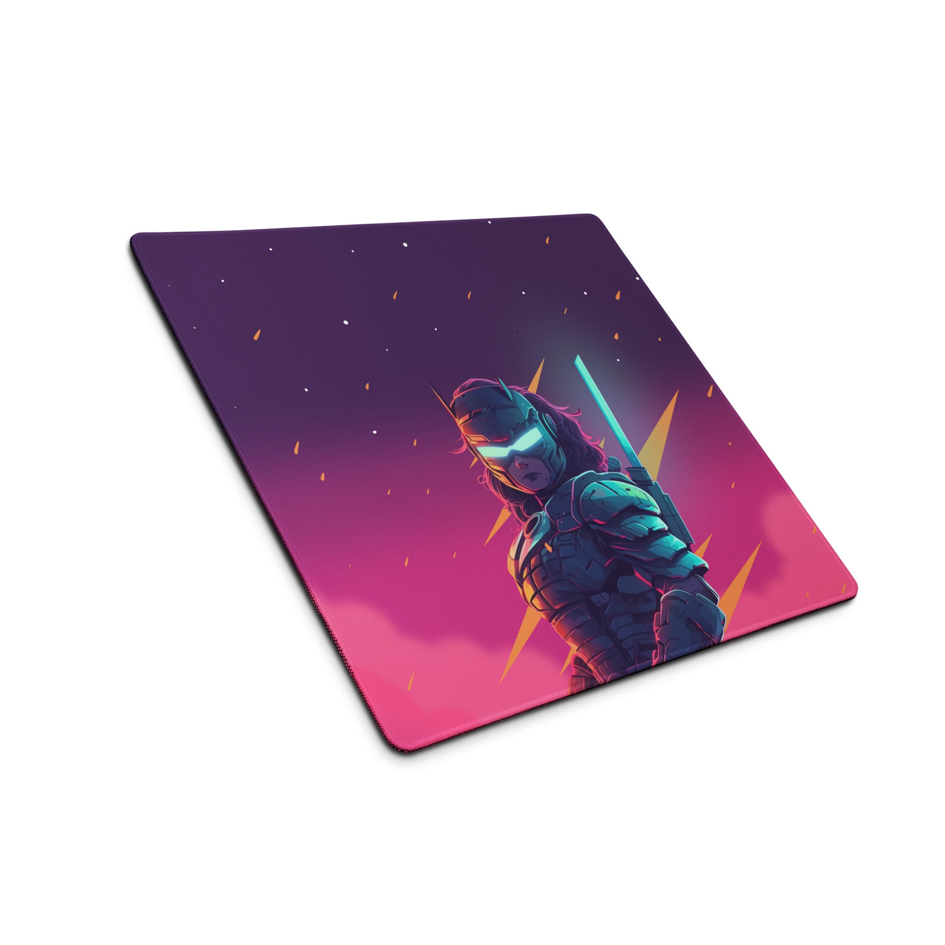 A 18" x 16" pink and purple desk pad with a futuristic samurai sitting at an angle.