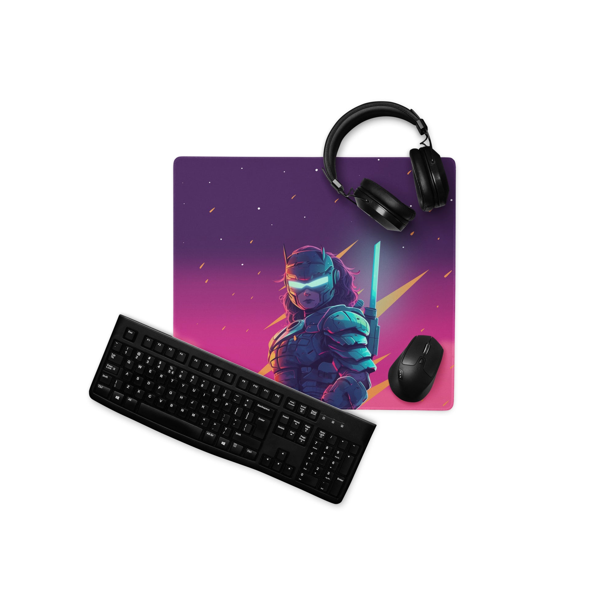 A 18" x 16" pink and purple desk pad with a futuristic samurai. With a keyboard, mouse, and headphones sitting on it.