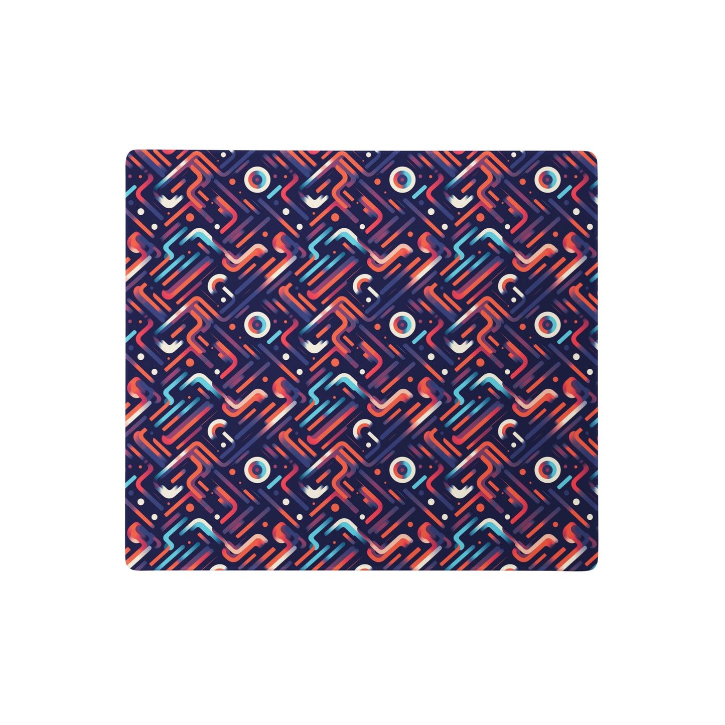 An 18" x 16" gaming desk pad with blue, orange, and purple lines on a dark blue background.