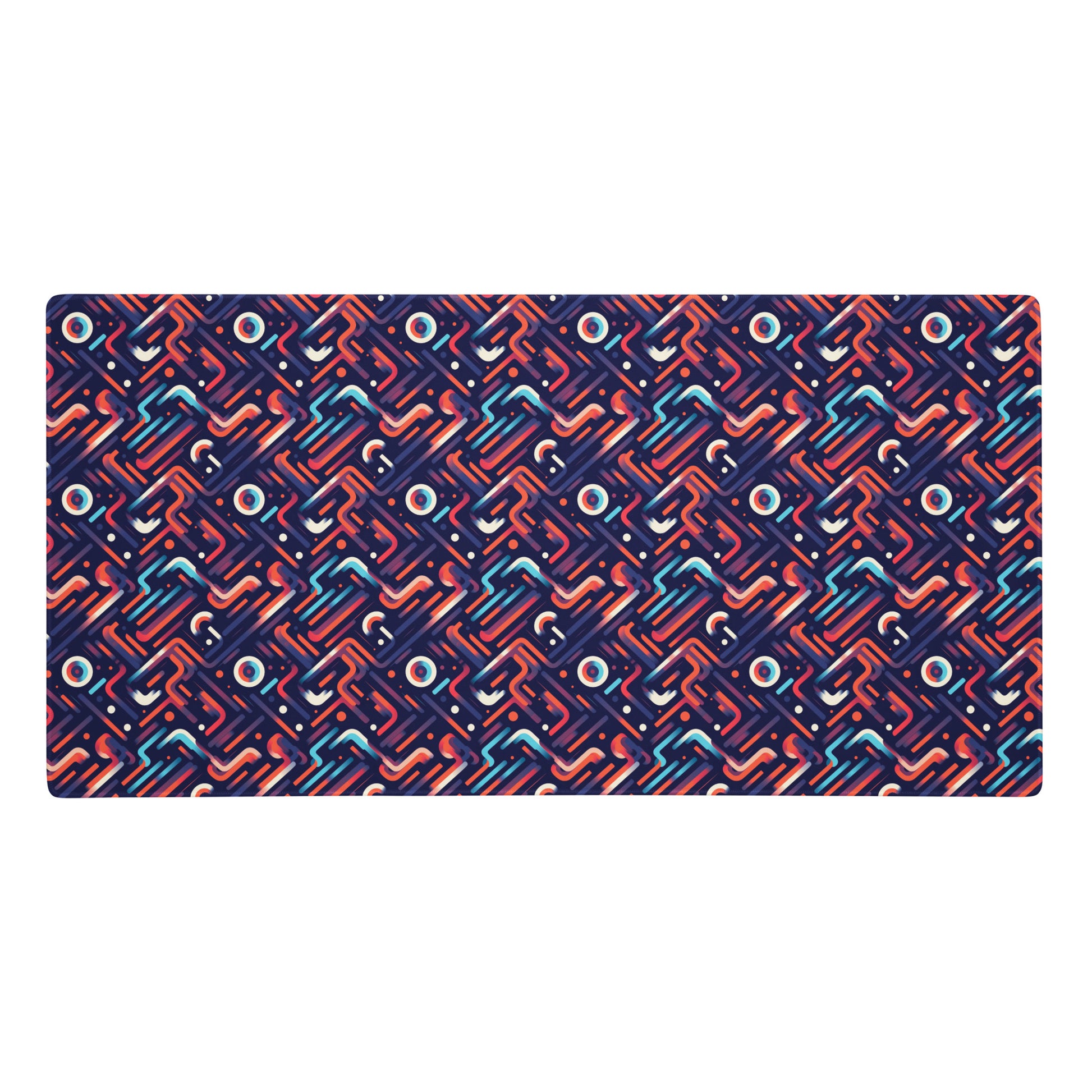 A 36" x 18" gaming desk pad with blue, orange, and purple lines on a dark blue background.