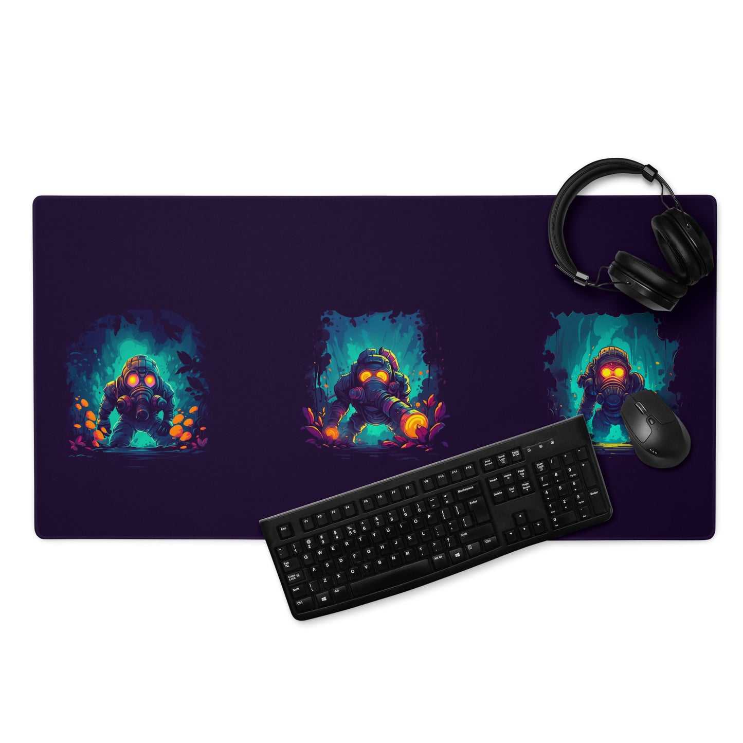 A 36" x 18" purple desk pad with three people with gas masks in a forest. With a keyboard, mouse, and headphones sitting on it.
