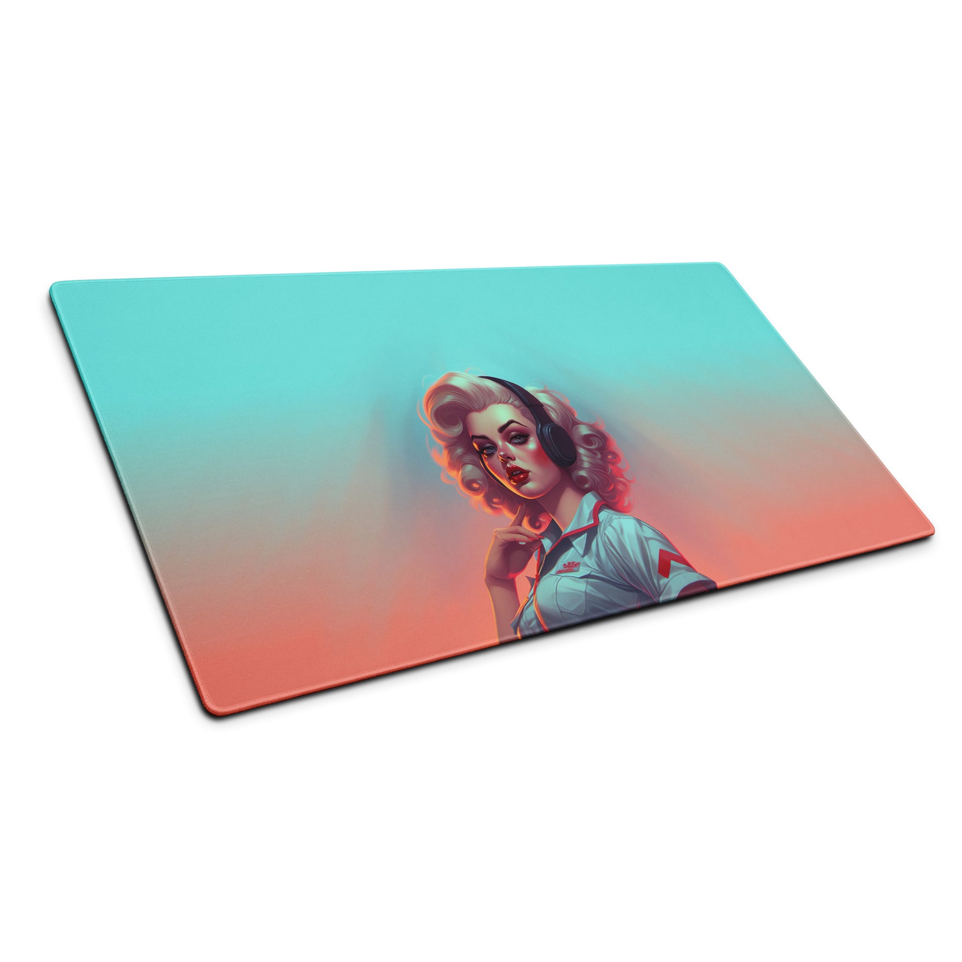 A 36" x 18" blue and orange desk pad with a flight attendant sitting at an angle.