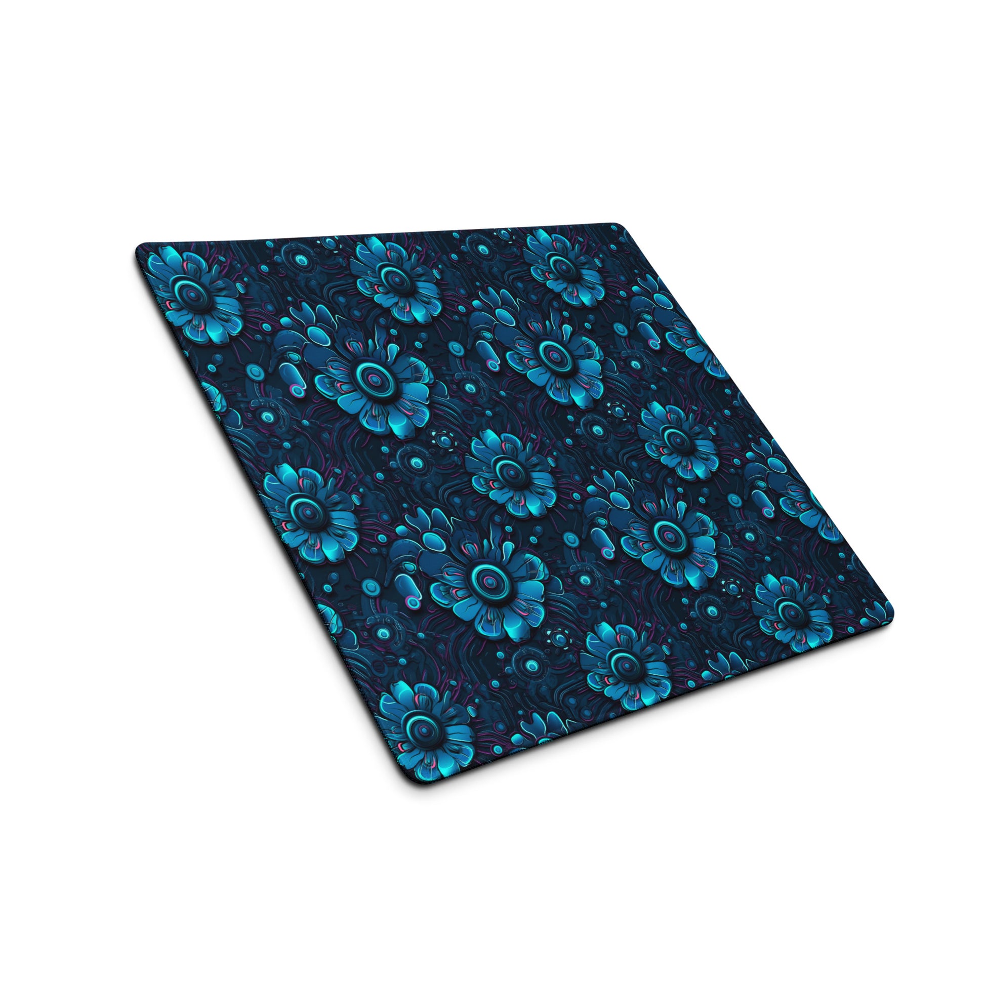 A 18" x 16" desk pad with a blue robotic floral pattern sitting at an angle.