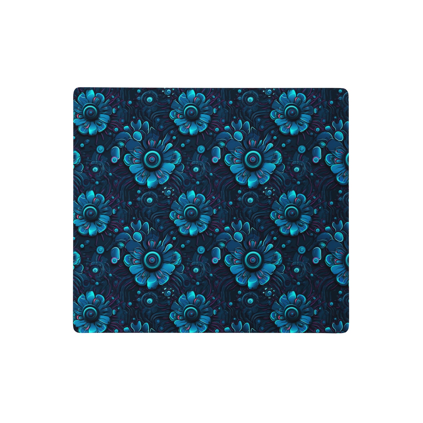 A 18" x 16" desk pad with a blue robotic floral pattern.