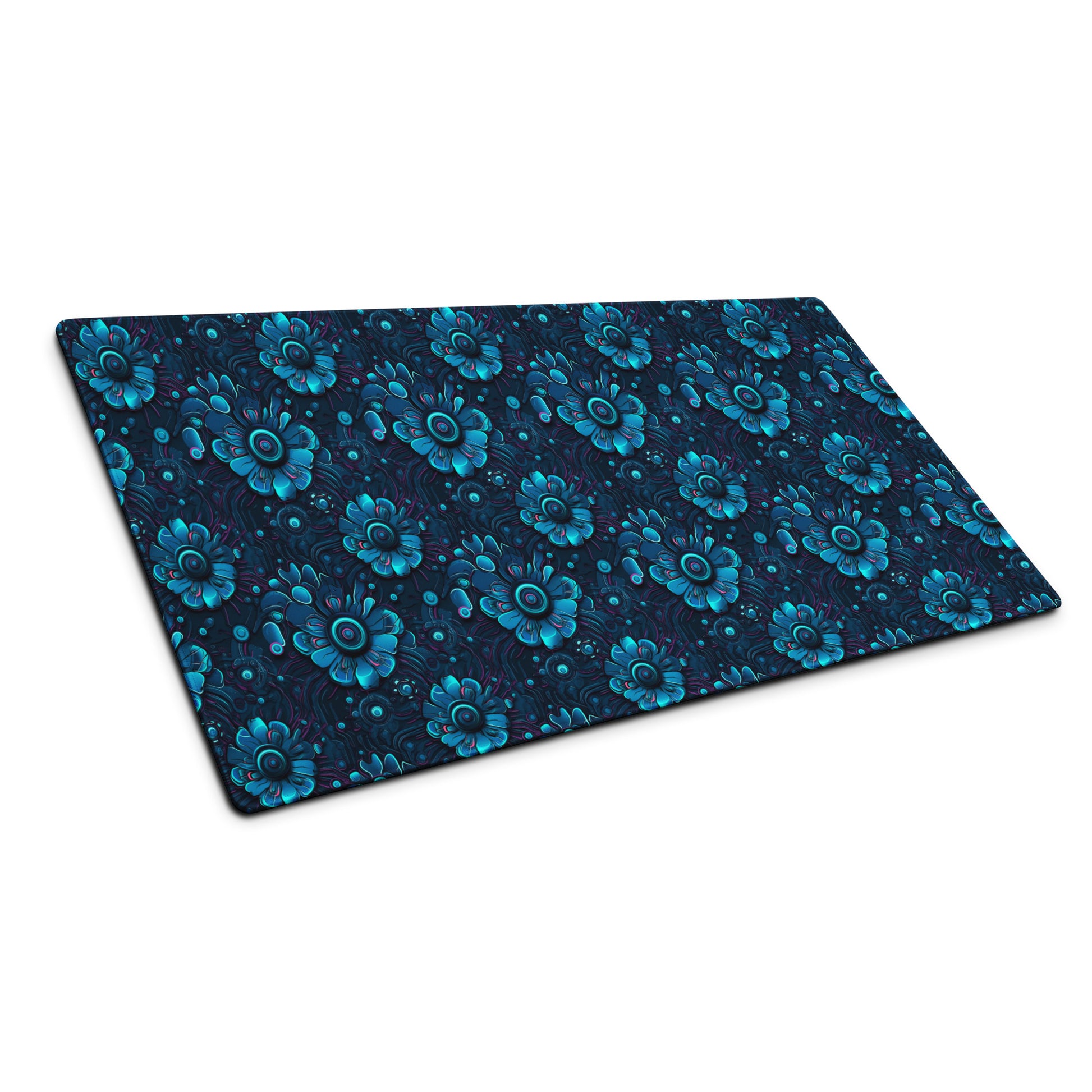 A 36" x 18" desk pad with a blue robotic floral pattern sitting at an angle.