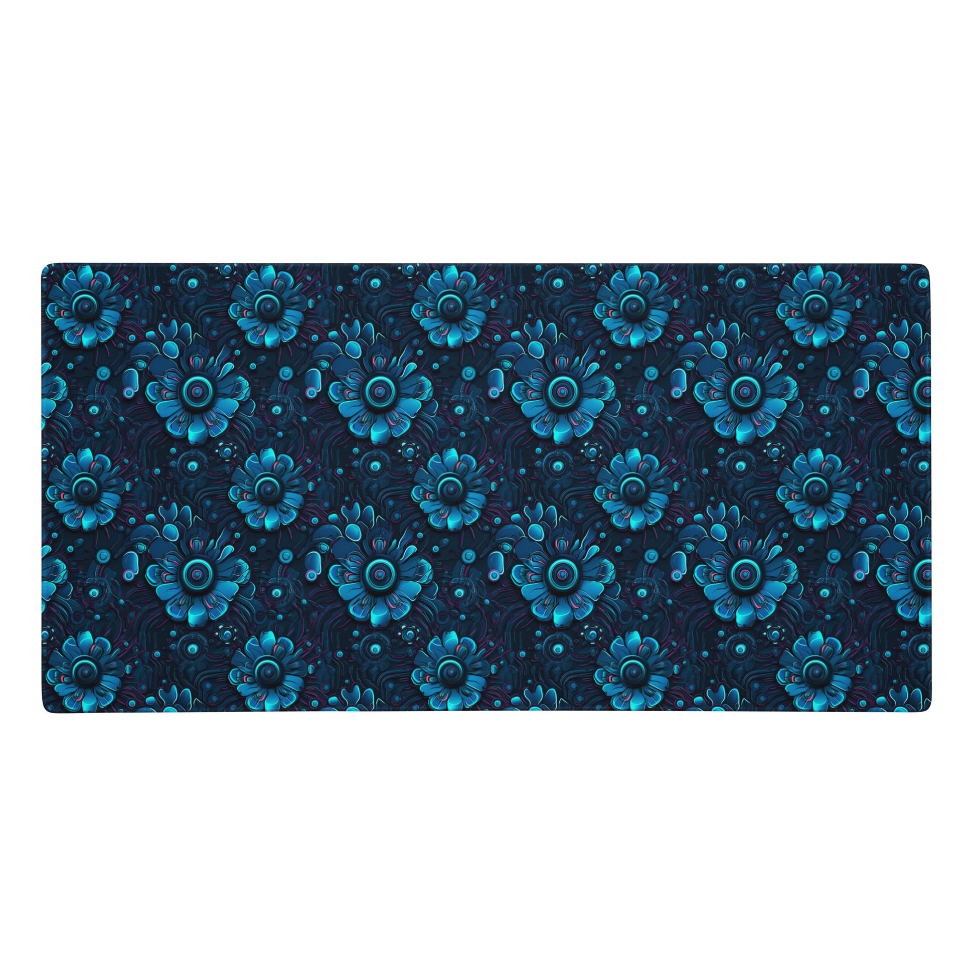 A 36" x 18" desk pad with a blue robotic floral pattern.