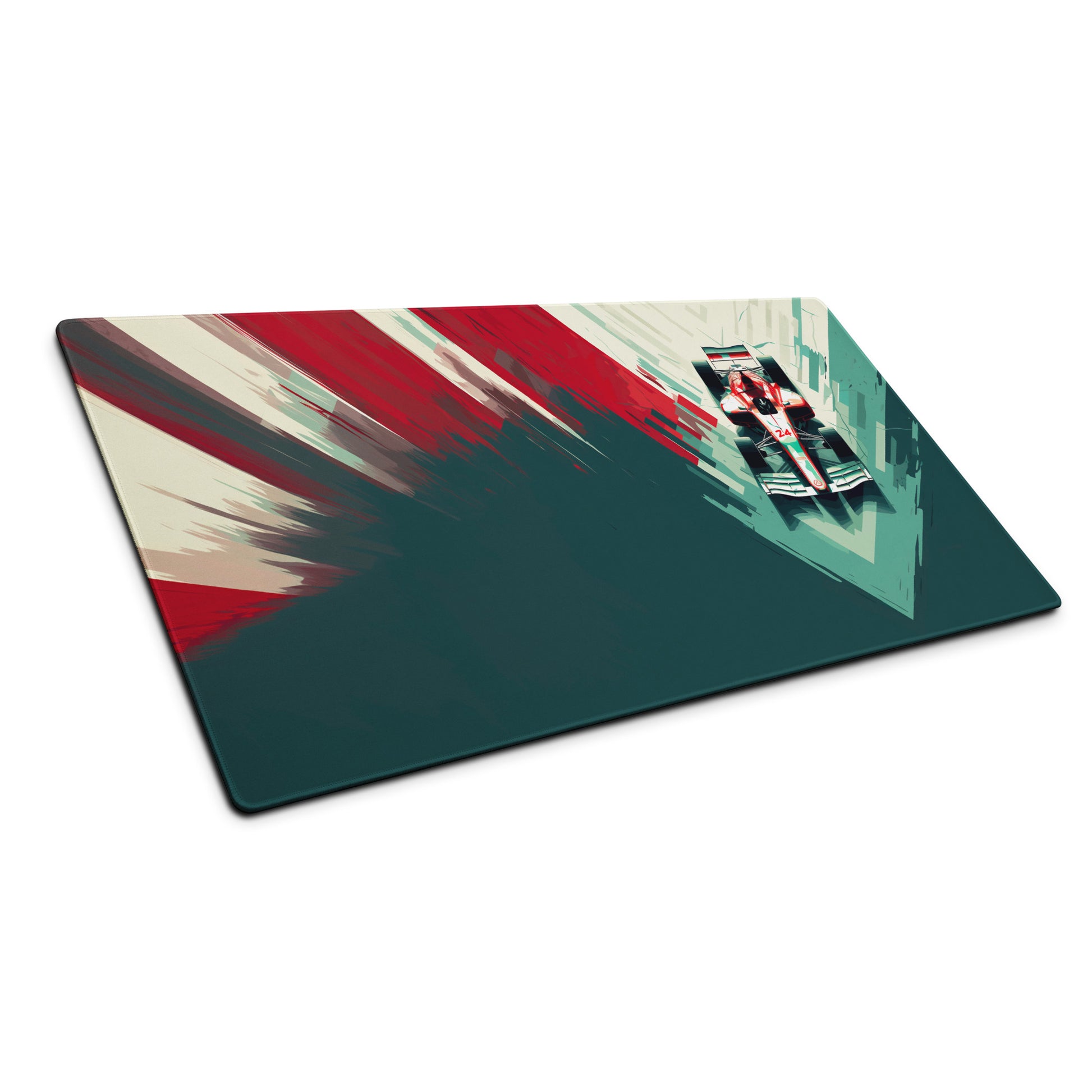 A 36" x 18" teal, red, and white desk pad with a formula one car on the right sitting at an angle.