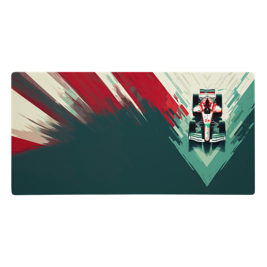 A 36" x 18" teal, red, and white desk pad with a formula one car on the right.