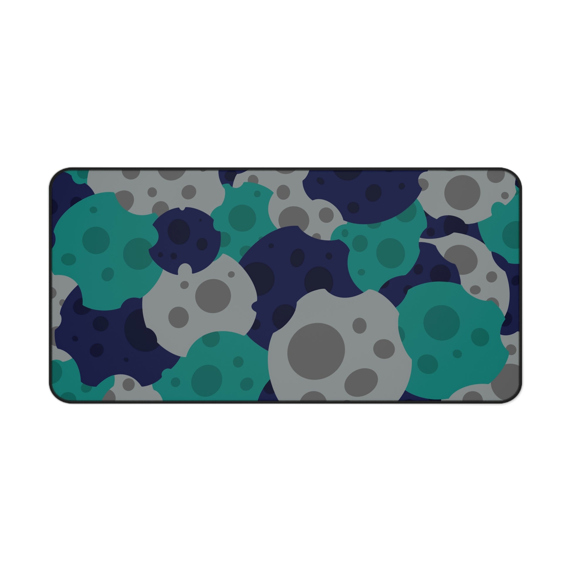 A 31" x 15.5" desk mat with gray, teal, and dark blue meteorites.