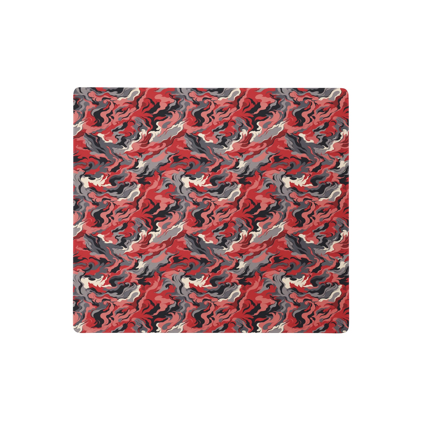 A 18" x 16" desk pad with a grey and red camo pattern.