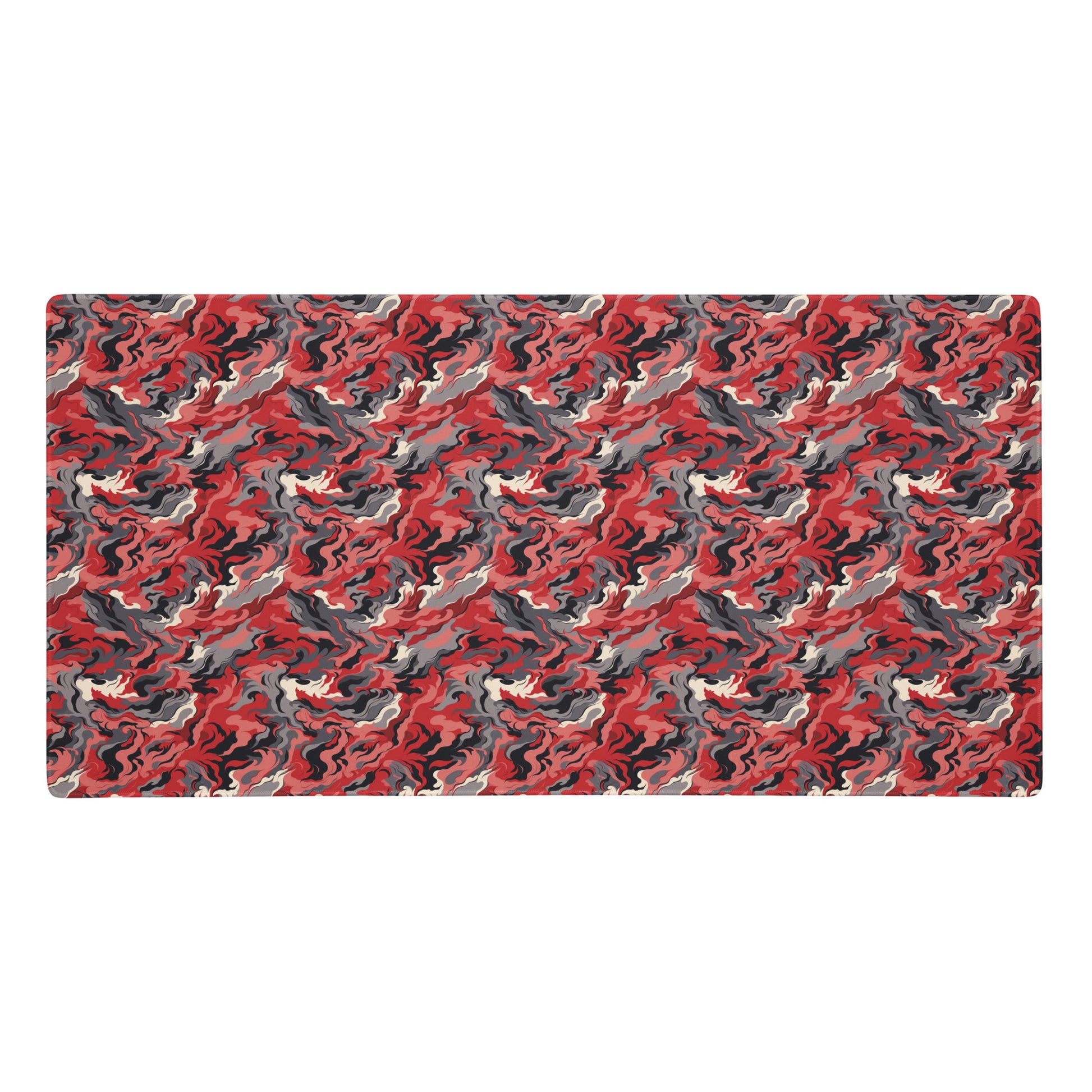 A 36" x 18" desk pad with a grey and red camo pattern.