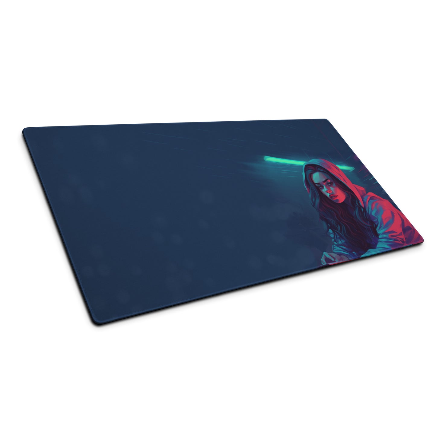 A 36" x 18" blue desk pad with a girl in a hoodie sitting at an angle.