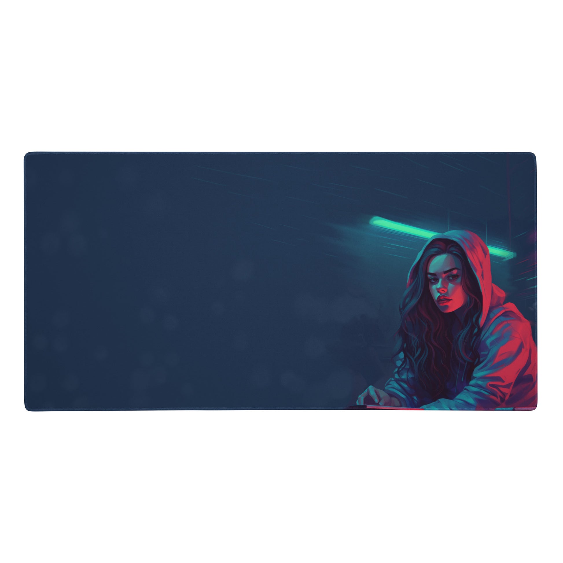 A 36" x 18" blue desk pad with a girl in a hoodie.