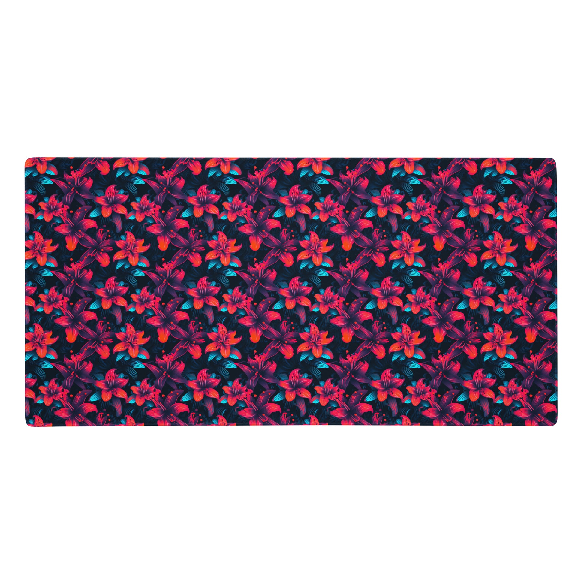 A 36" x 18" desk pad with a neon red and blue floral pattern.
