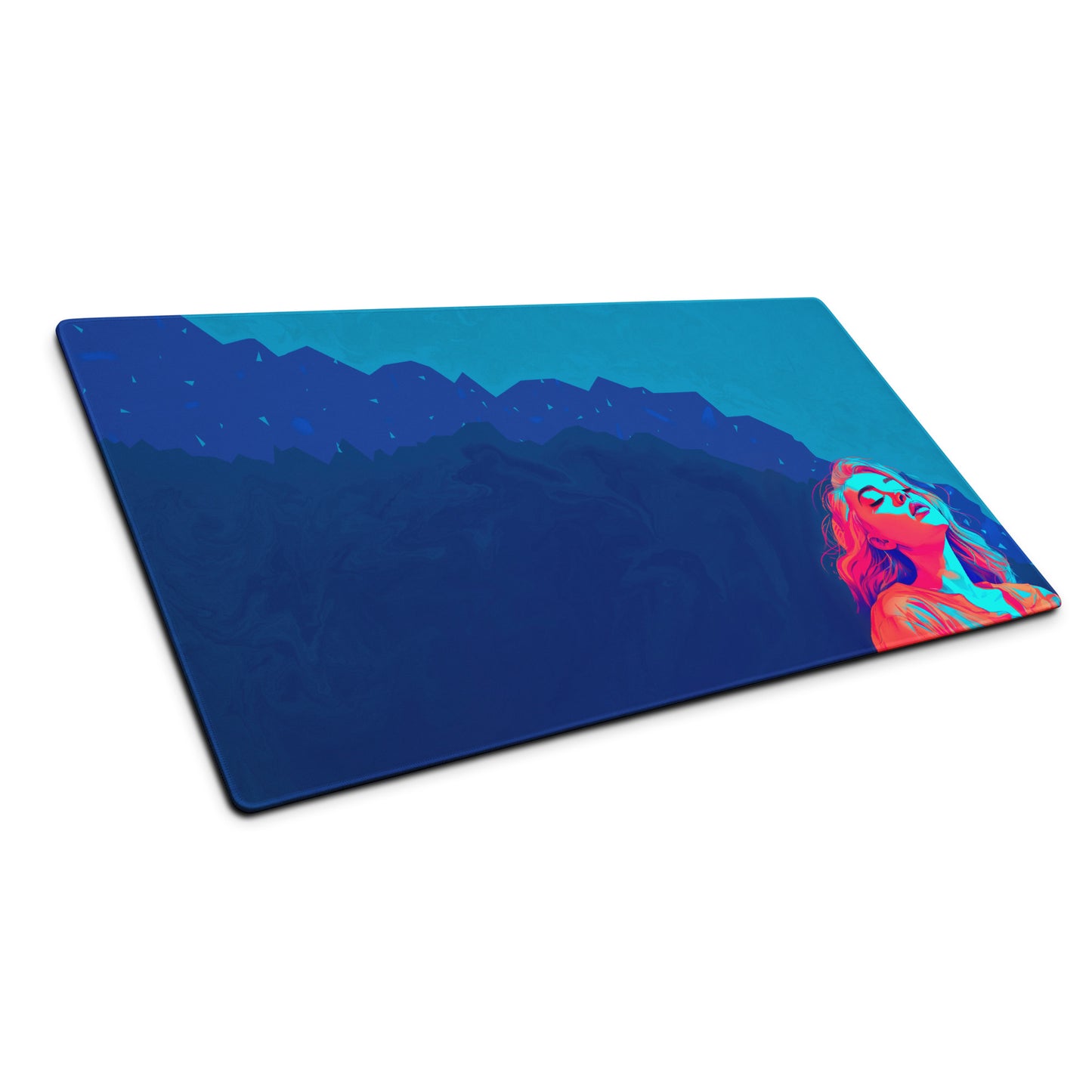 A 36" x 18" blue desk pad with a girl looking up sitting at an angle.