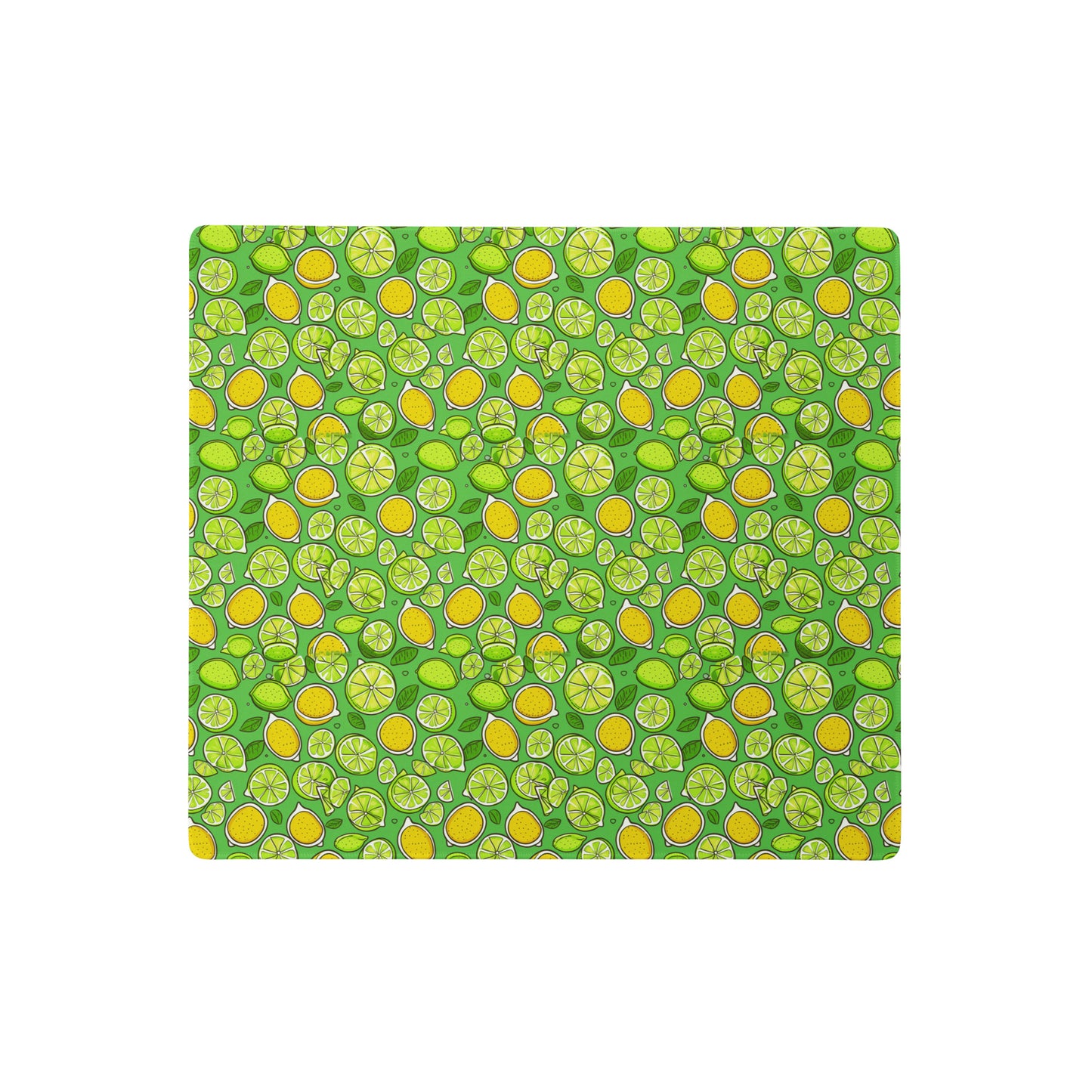 An 18" x 16" gaming desk pad with lemons and limes on a green background.