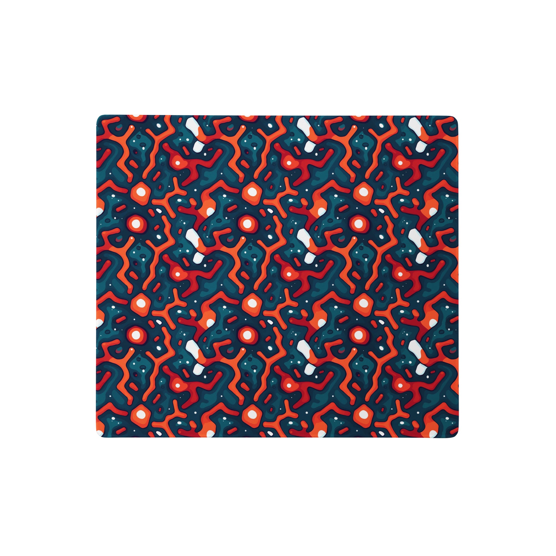 A 18" x 16" desk pad with a blue and orange crack pattern.