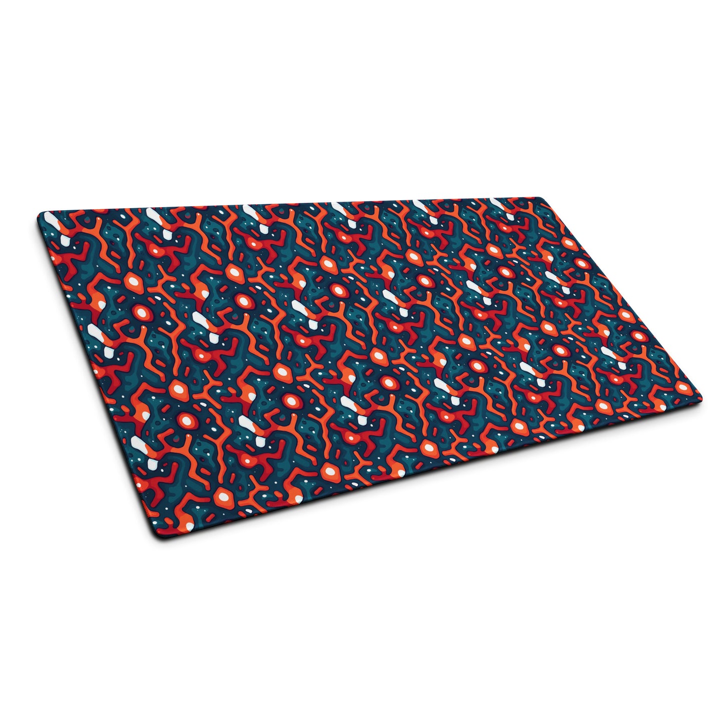 A 36" x 18" desk pad with a blue and orange crack pattern sitting at an angle.