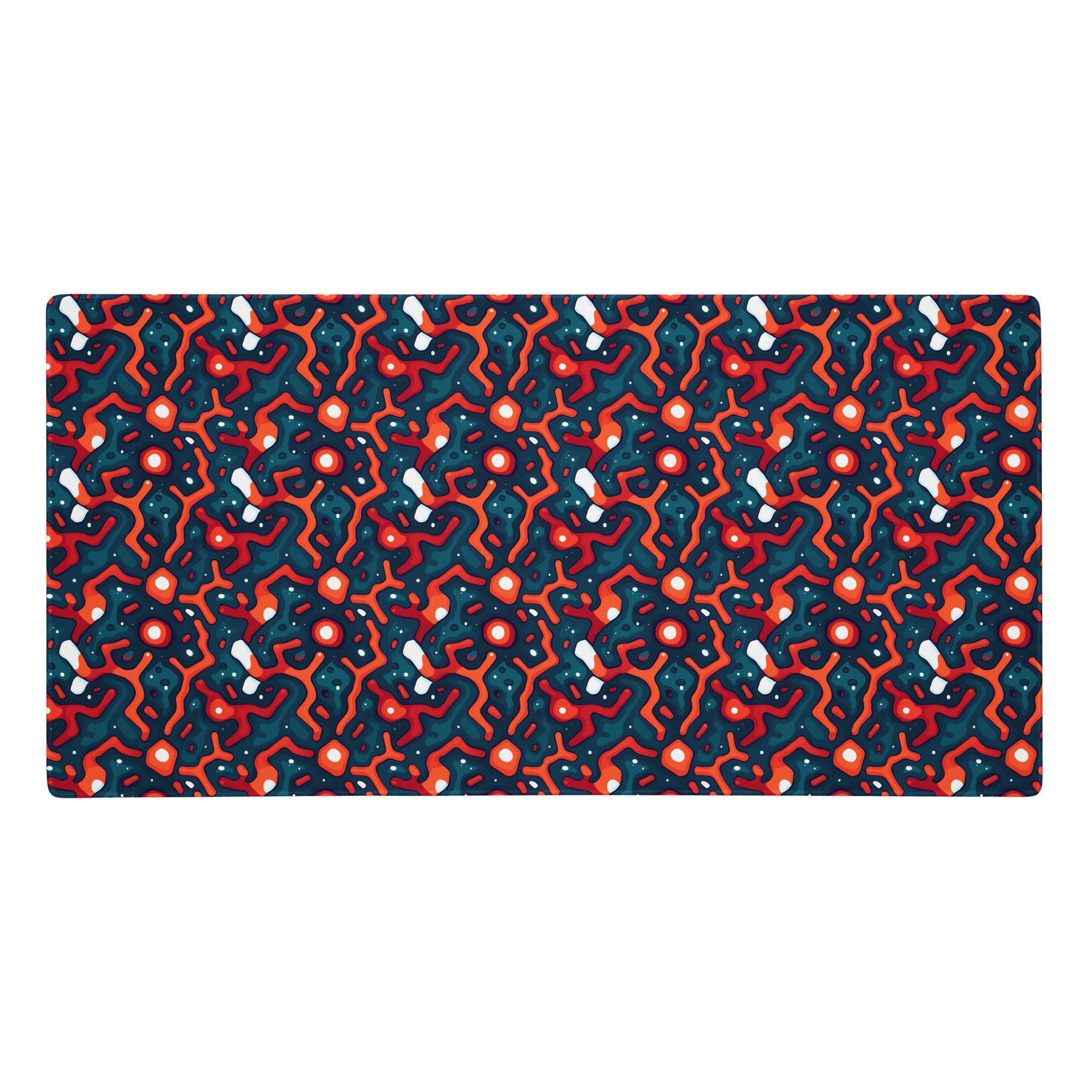 A 36" x 18" desk pad with a blue and orange crack pattern.