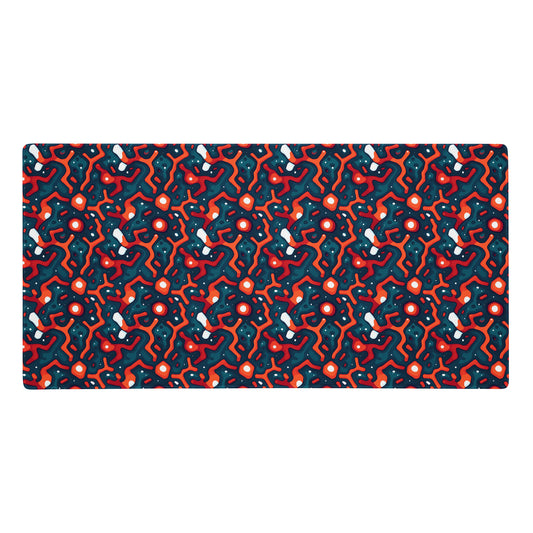 A 36" x 18" desk pad with a blue and orange crack pattern.