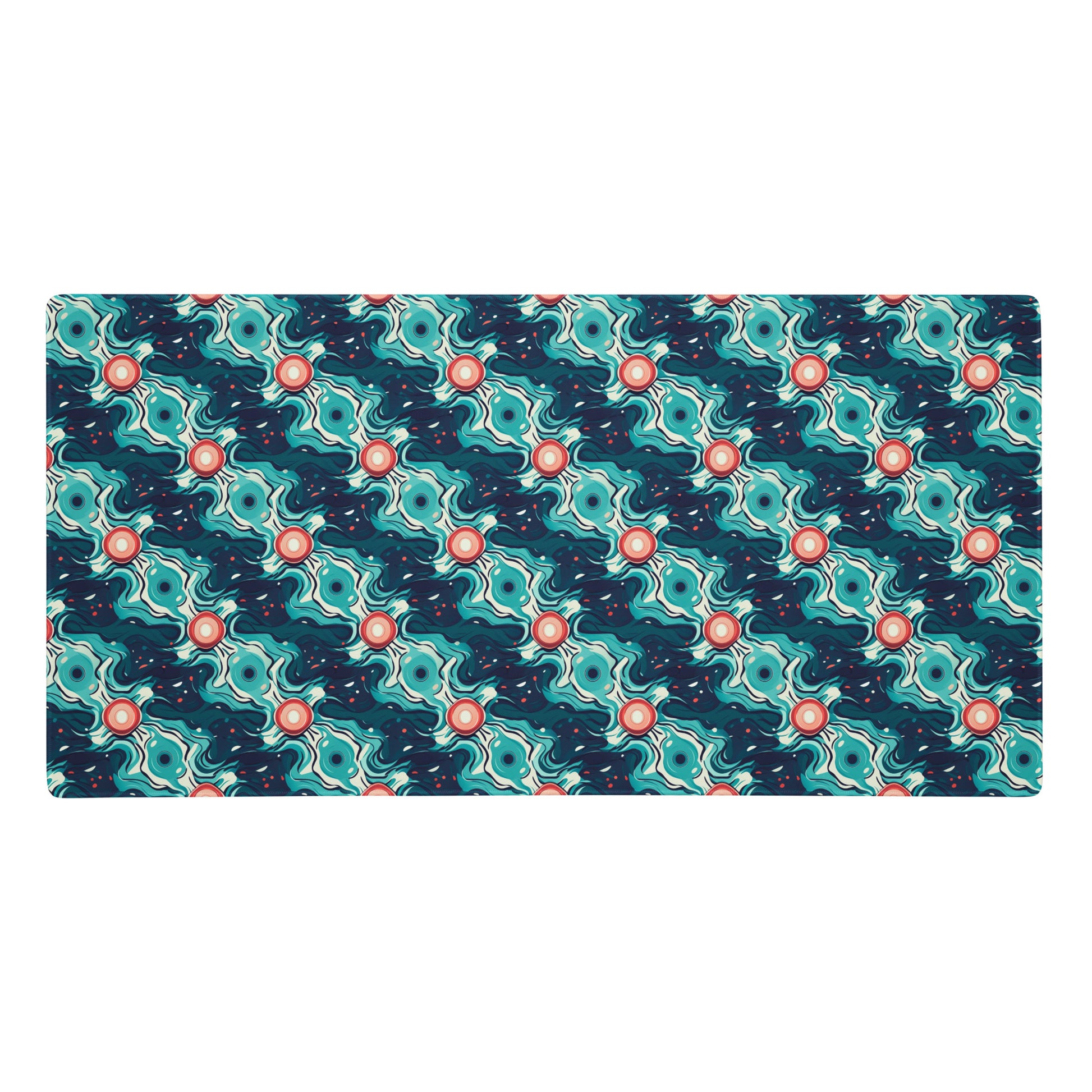 A 36" x 18" desk pad with a teal abstract wavy pattern.