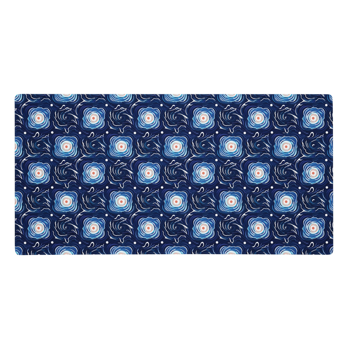 A 36" x 18" desk pad with a blue and white floral pattern.
