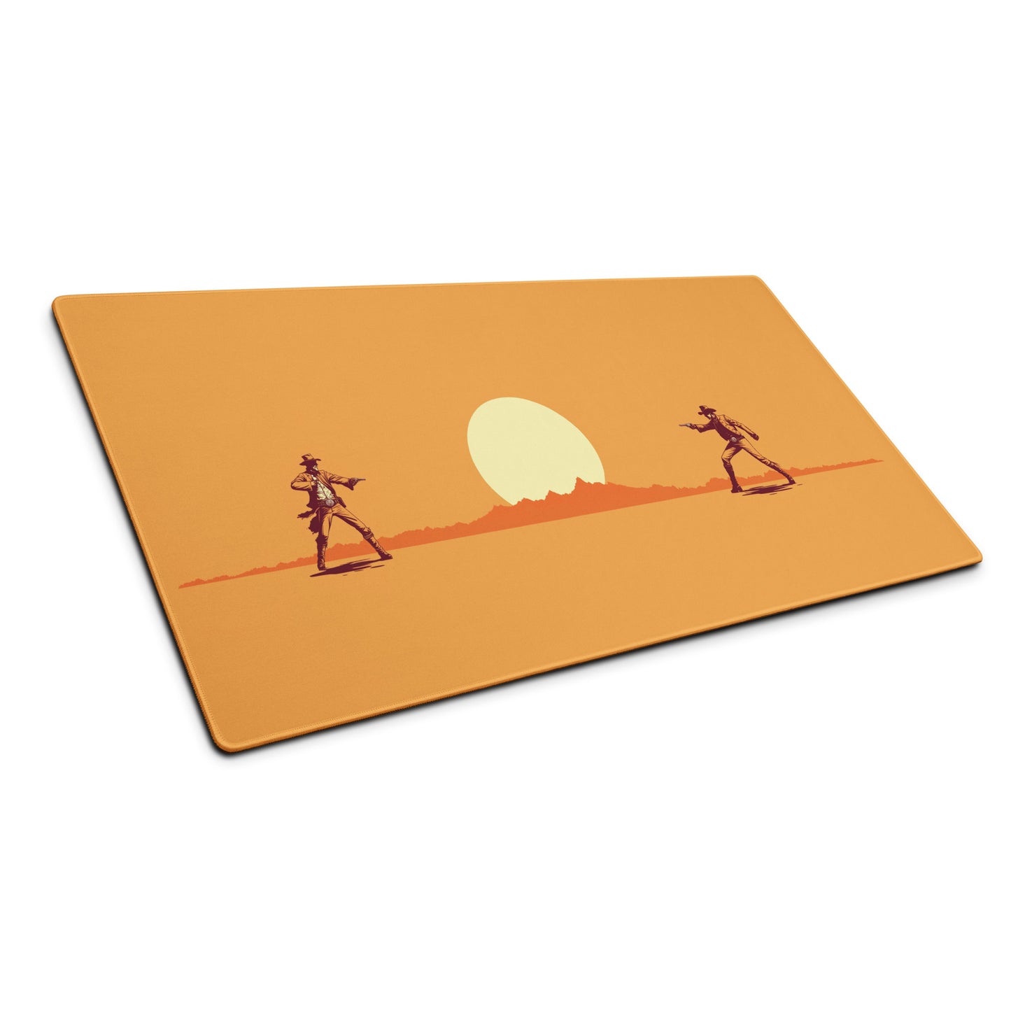 An orange 36" x 18" desk pad with cowboys dueling sitting at an angle.