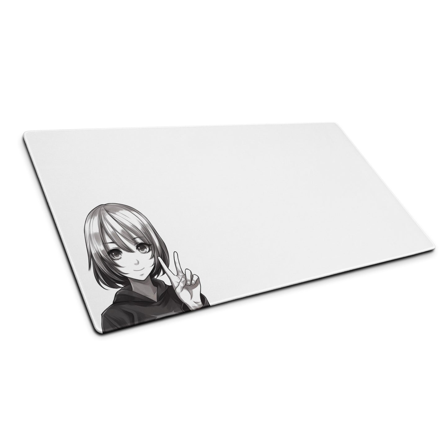A 36" x 18" black and white desk pad with an anime girl making a peace sign sitting at an angle.
