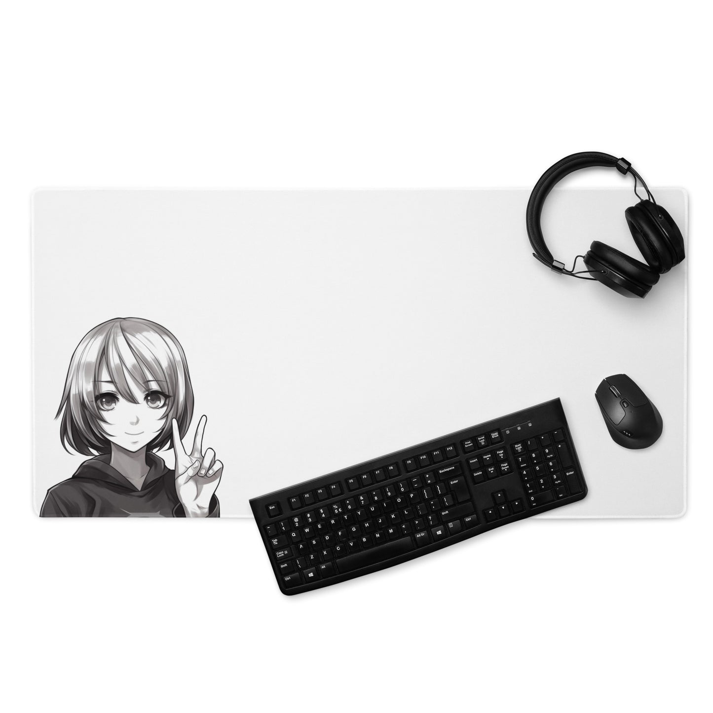 A 36" x 18" black and white desk pad with an anime girl making a peace sign. With a keyboard, mouse, and headphones sitting on it