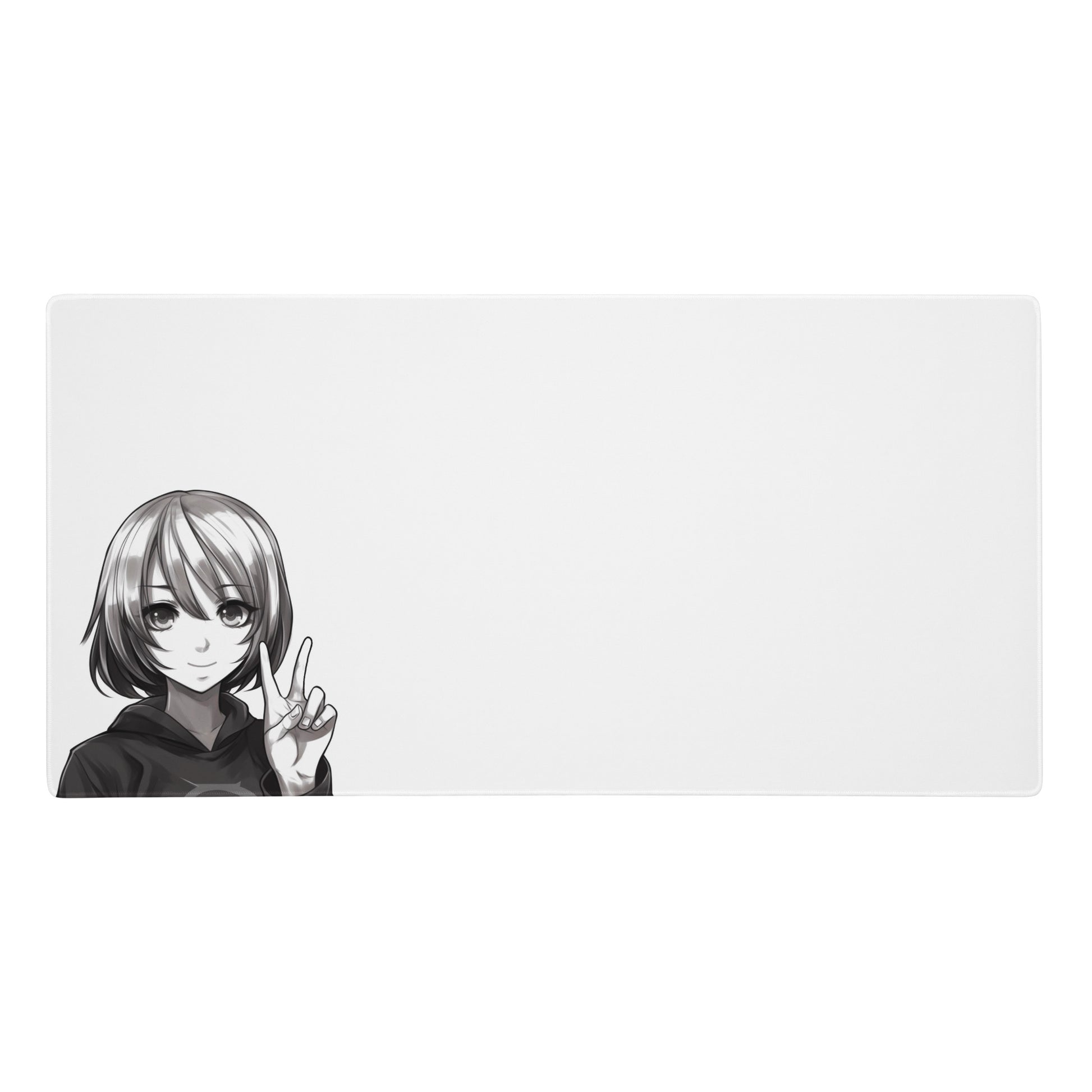 A 36" x 18" black and white desk pad with an anime girl making a peace sign.