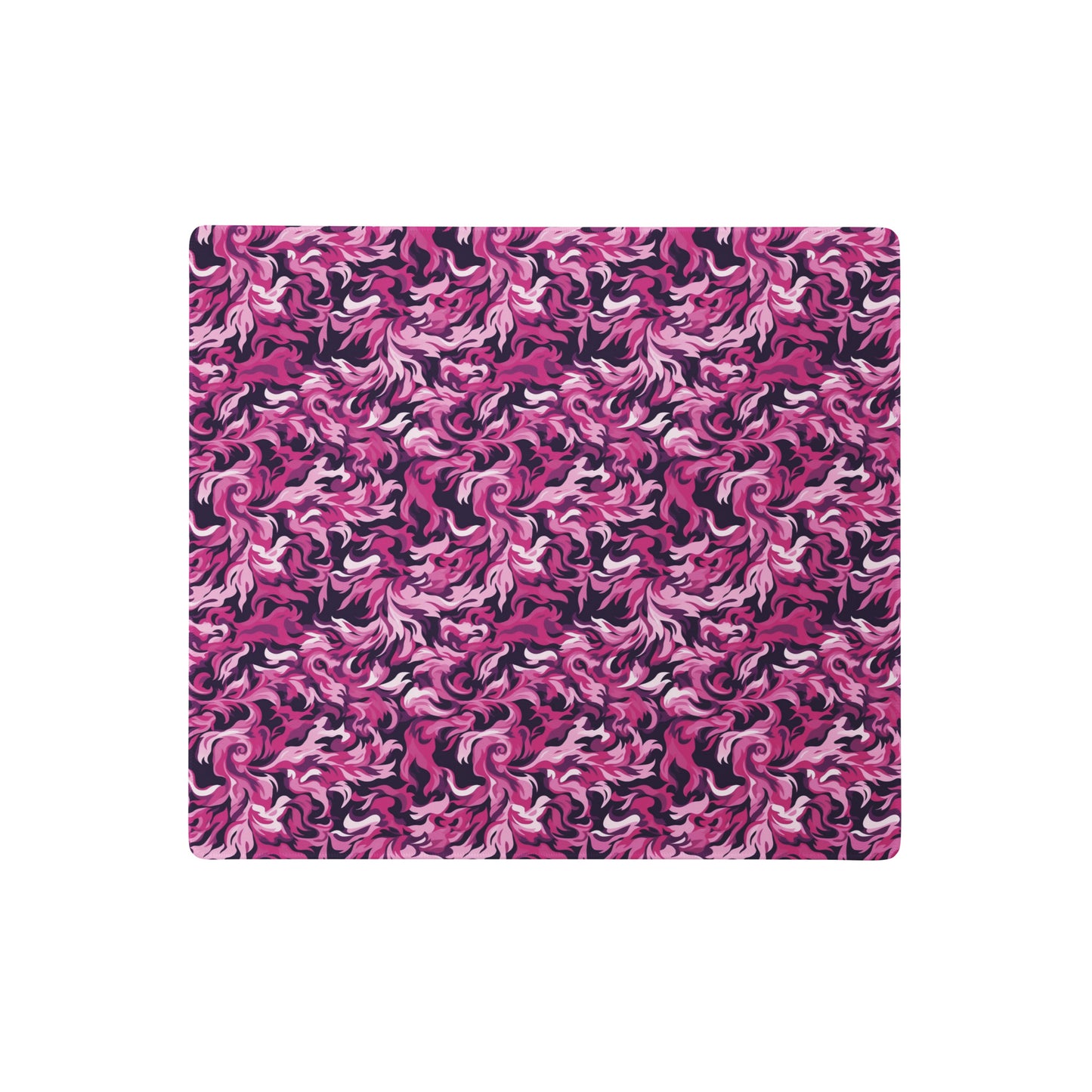 A 18" x 16" desk pad with a pink and magenta camo pattern.
