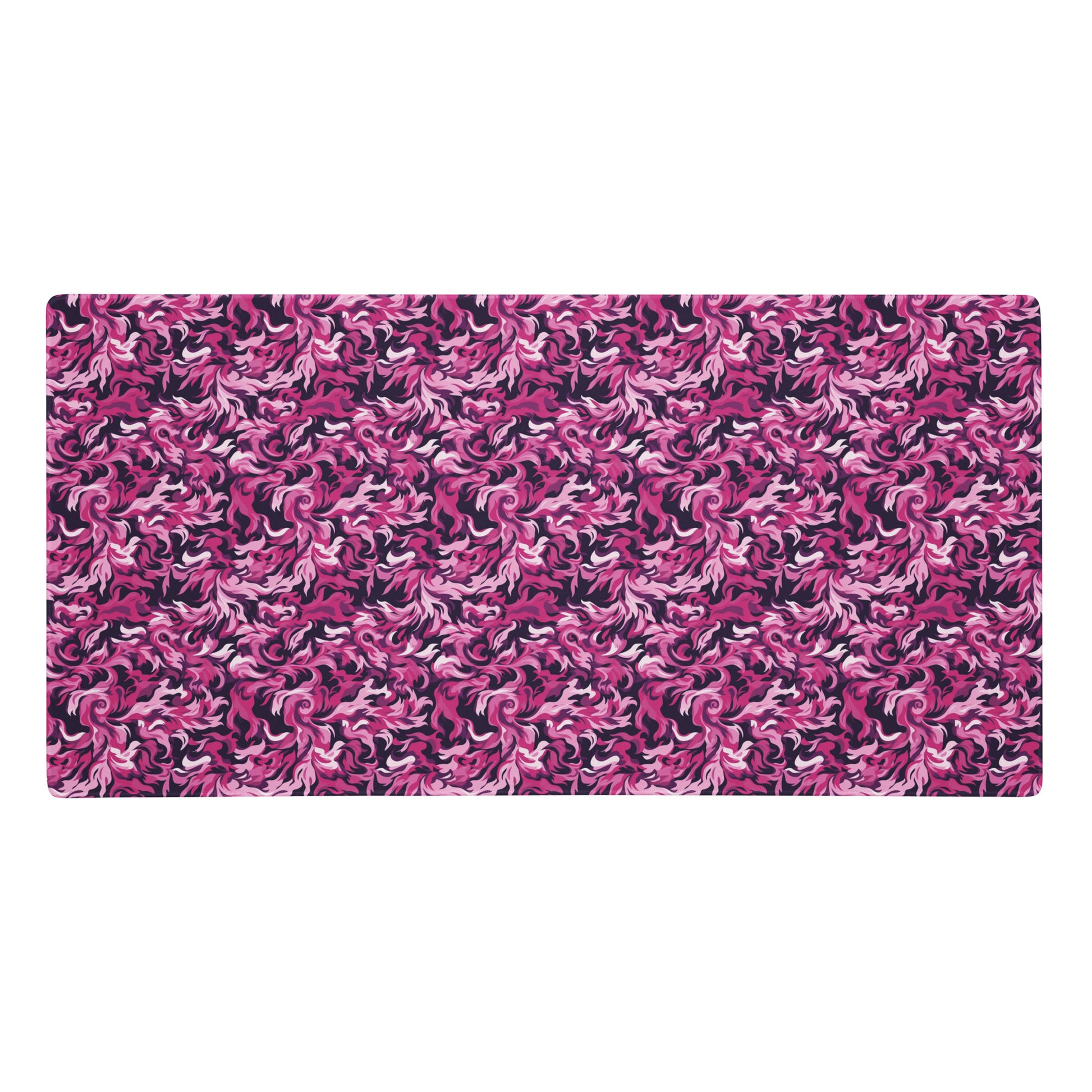 A 36" x 18" desk pad with a pink and magenta camo pattern.