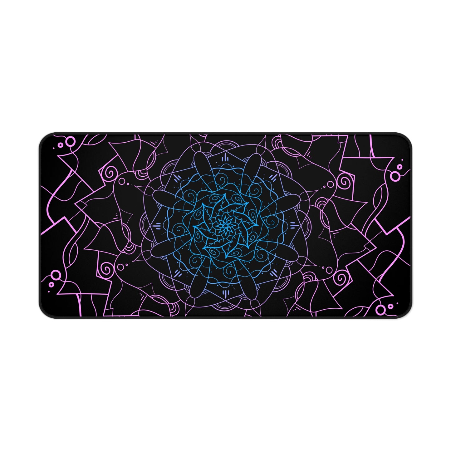A 31" x 15.5" desk mat with a pink and blue mandala pattern on a black background.