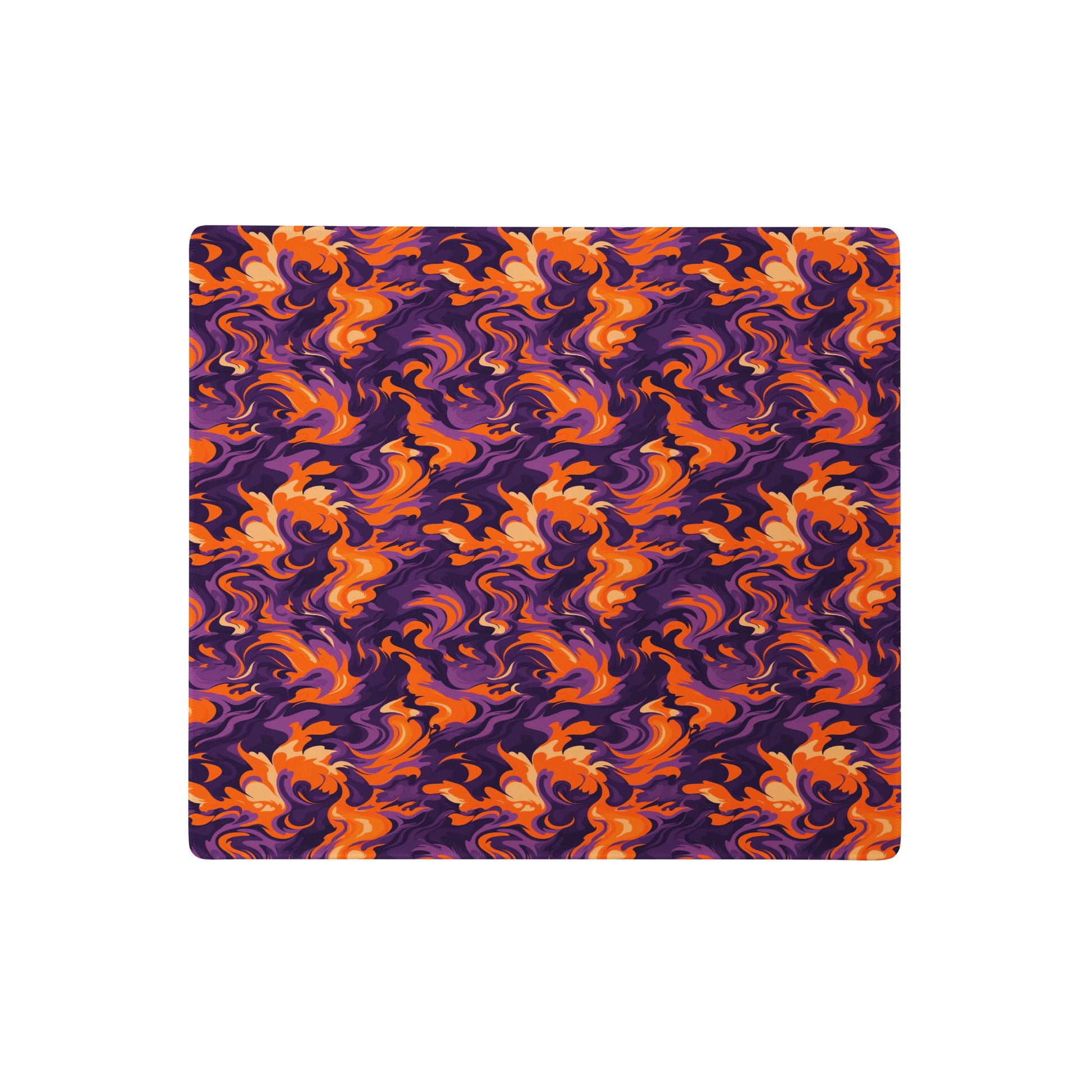 A 18" x 16" desk pad with a purple and orange camo pattern.