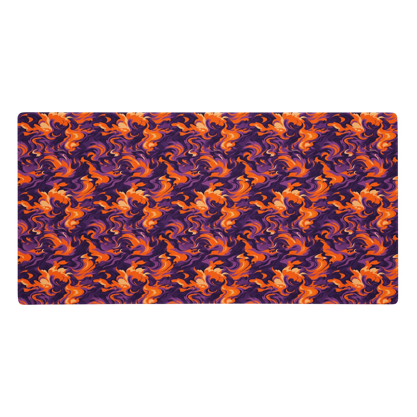 A 36" x 18" desk pad with a purple and orange camo pattern.